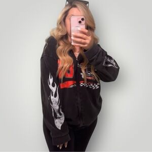 Tik Tok Viral Racetrack‎ Hoodie Sweatshirt Black Acid Wash Flame Motocore Size M